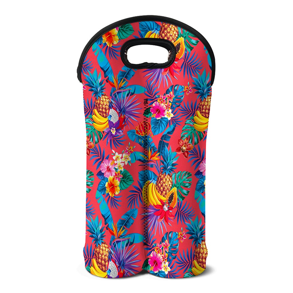Pink Hawaiian Fruits Pattern Print Double Neoprene Wine Tote