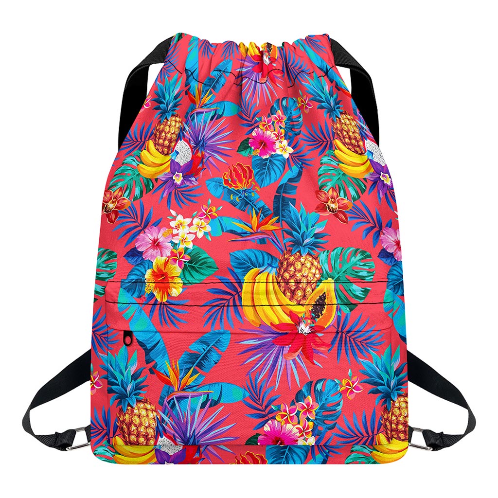 Pink Hawaiian Fruits Pattern Print Drawstring Backpack