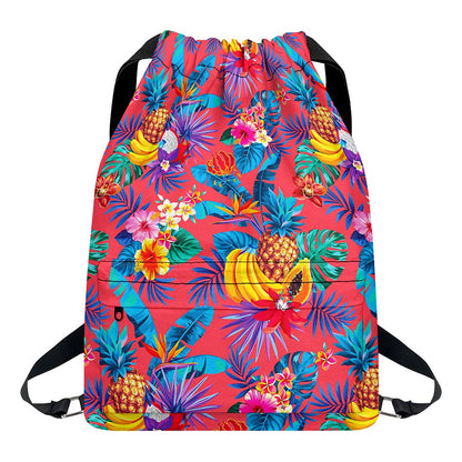 Pink Hawaiian Fruits Pattern Print Drawstring Backpack