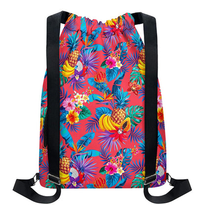 Pink Hawaiian Fruits Pattern Print Drawstring Backpack