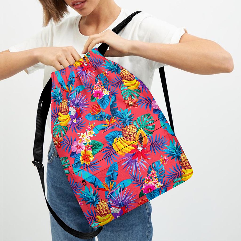 Pink Hawaiian Fruits Pattern Print Drawstring Backpack