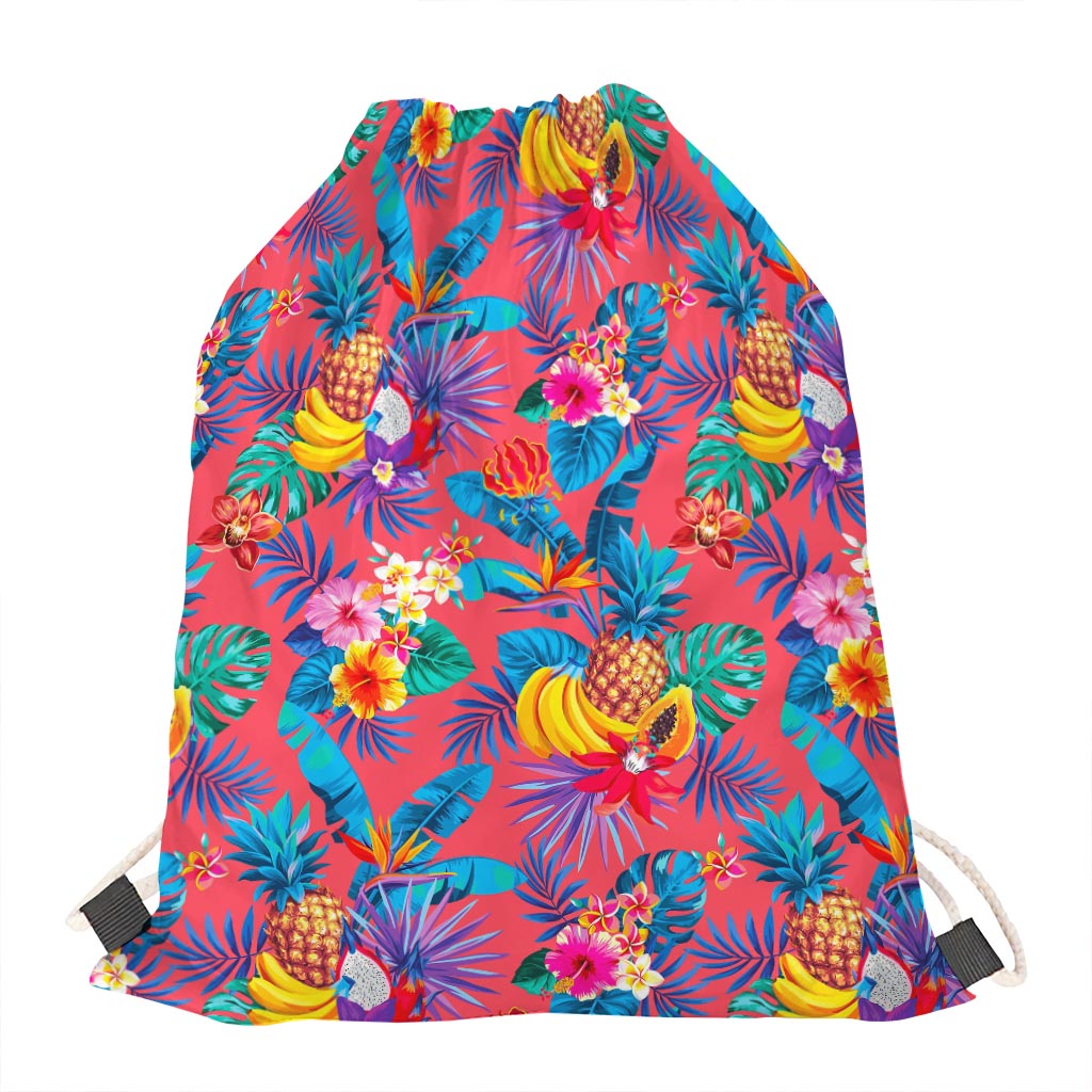 Pink Hawaiian Fruits Pattern Print Drawstring Bag