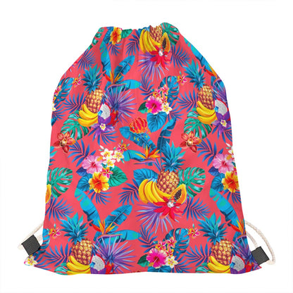 Pink Hawaiian Fruits Pattern Print Drawstring Bag