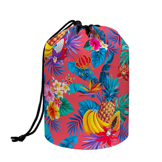 Pink Hawaiian Fruits Pattern Print Drawstring Makeup Bag