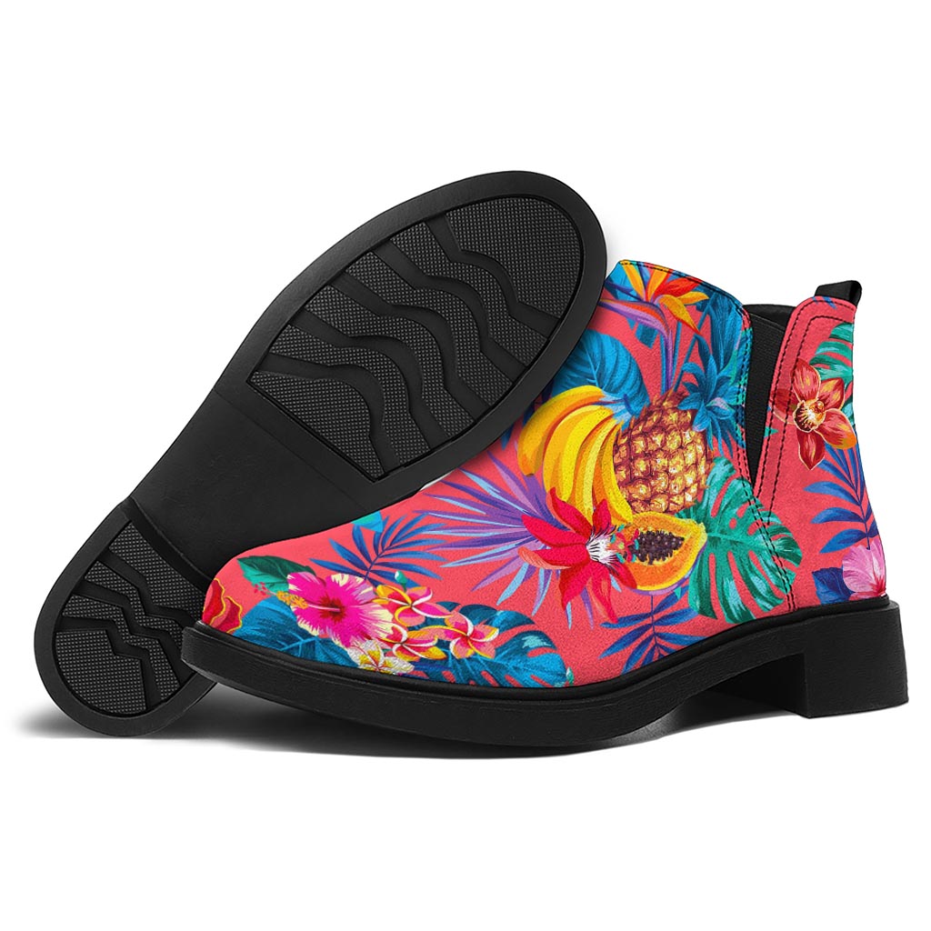 Pink Hawaiian Fruits Pattern Print Flat Ankle Boots