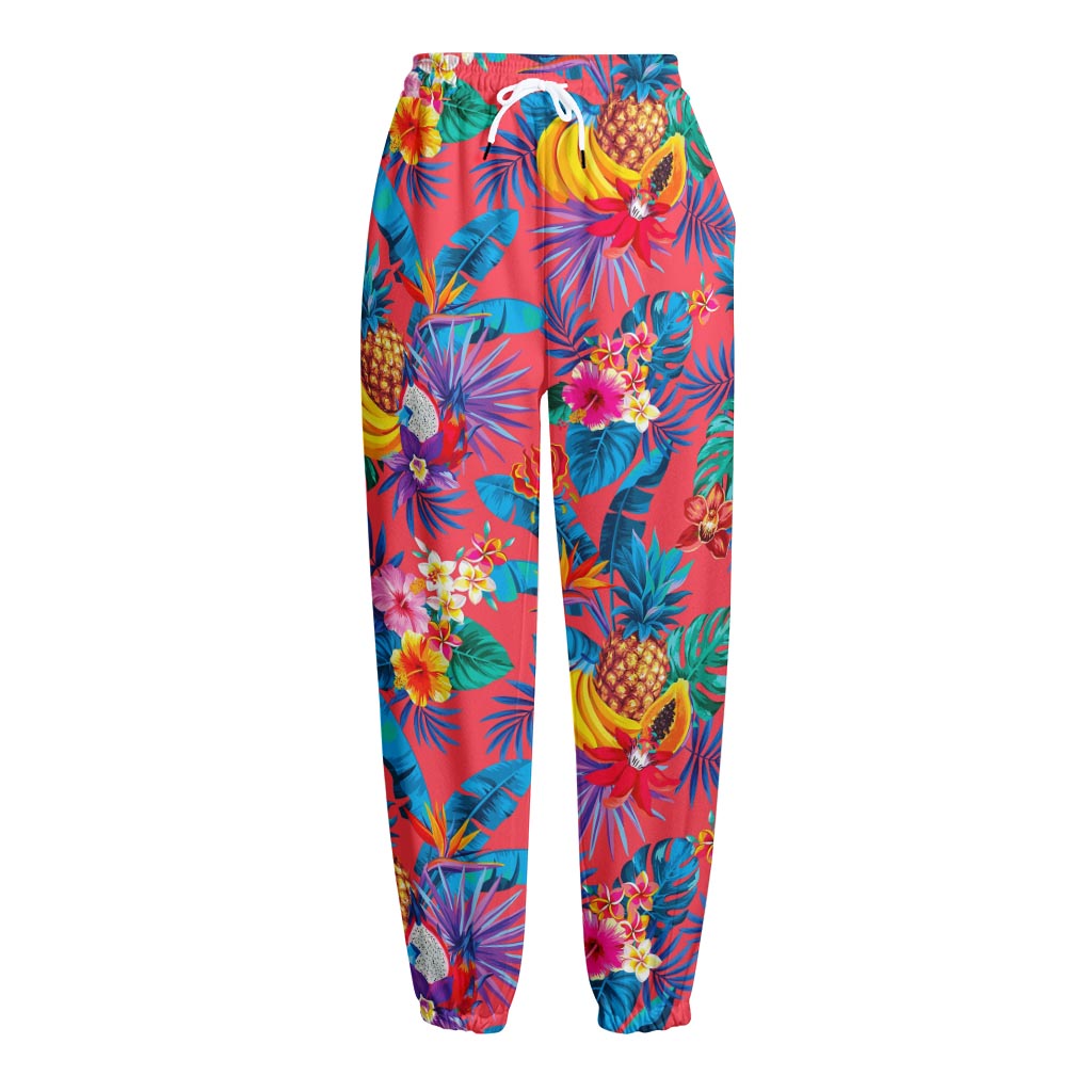 Pink Hawaiian Fruits Pattern Print Fleece Lined Knit Pants