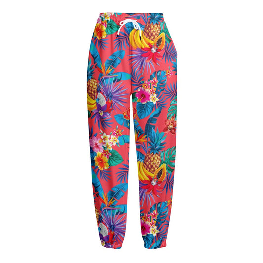 Pink Hawaiian Fruits Pattern Print Fleece Lined Knit Pants