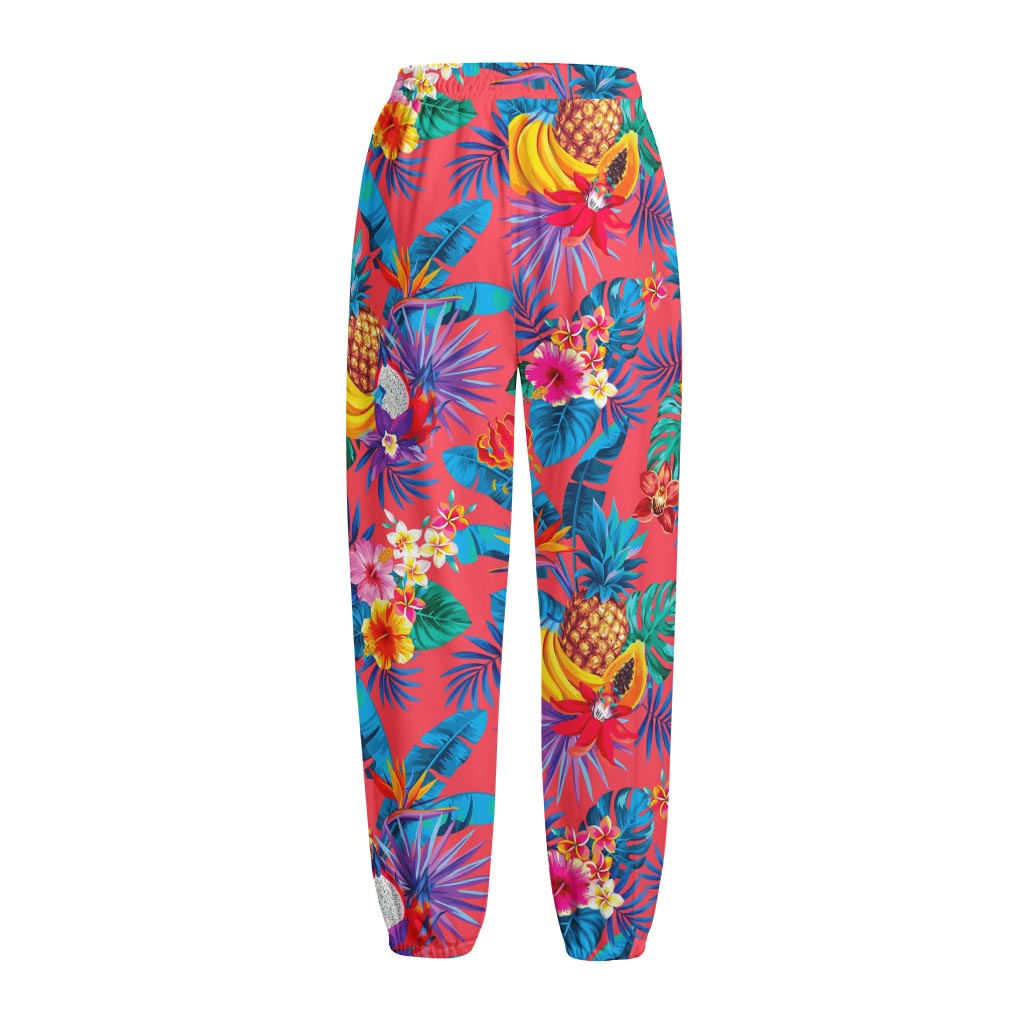 Pink Hawaiian Fruits Pattern Print Fleece Lined Knit Pants
