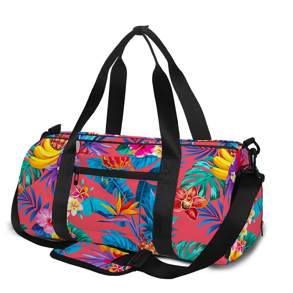 Pink Hawaiian Fruits Pattern Print Gym Bag