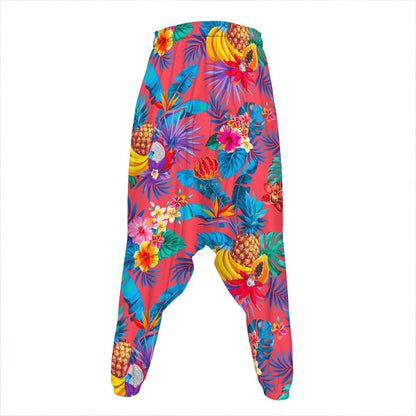 Pink Hawaiian Fruits Pattern Print Hammer Pants