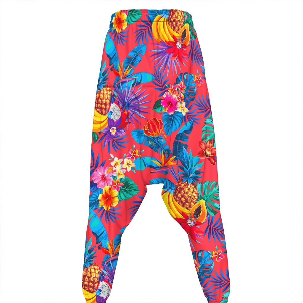 Pink Hawaiian Fruits Pattern Print Hammer Pants