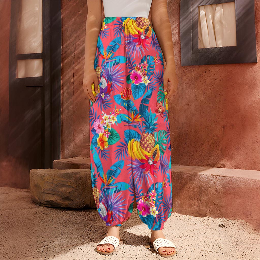 Pink Hawaiian Fruits Pattern Print Harem Pants