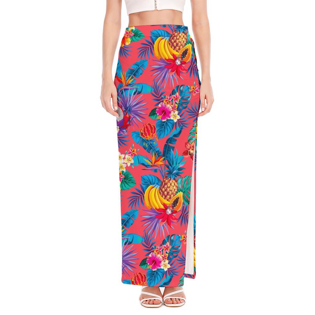 Pink Hawaiian Fruits Pattern Print High Slit Maxi Skirt