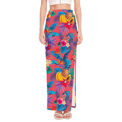 Pink Hawaiian Fruits Pattern Print High Slit Maxi Skirt