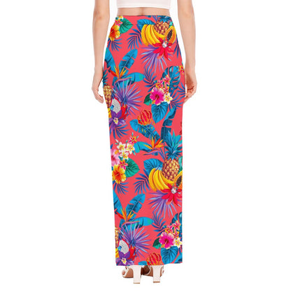 Pink Hawaiian Fruits Pattern Print High Slit Maxi Skirt