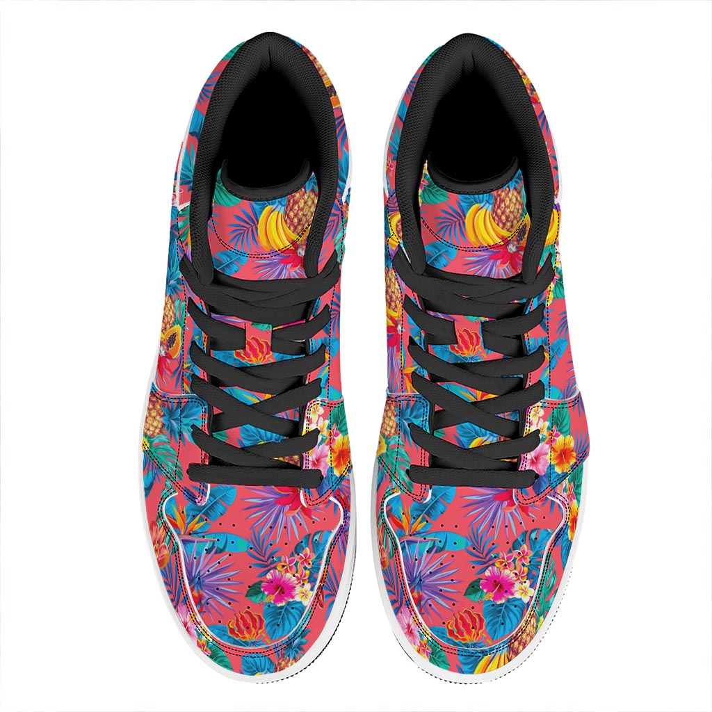 Pink Hawaiian Fruits Pattern Print High Top Leather Sneakers