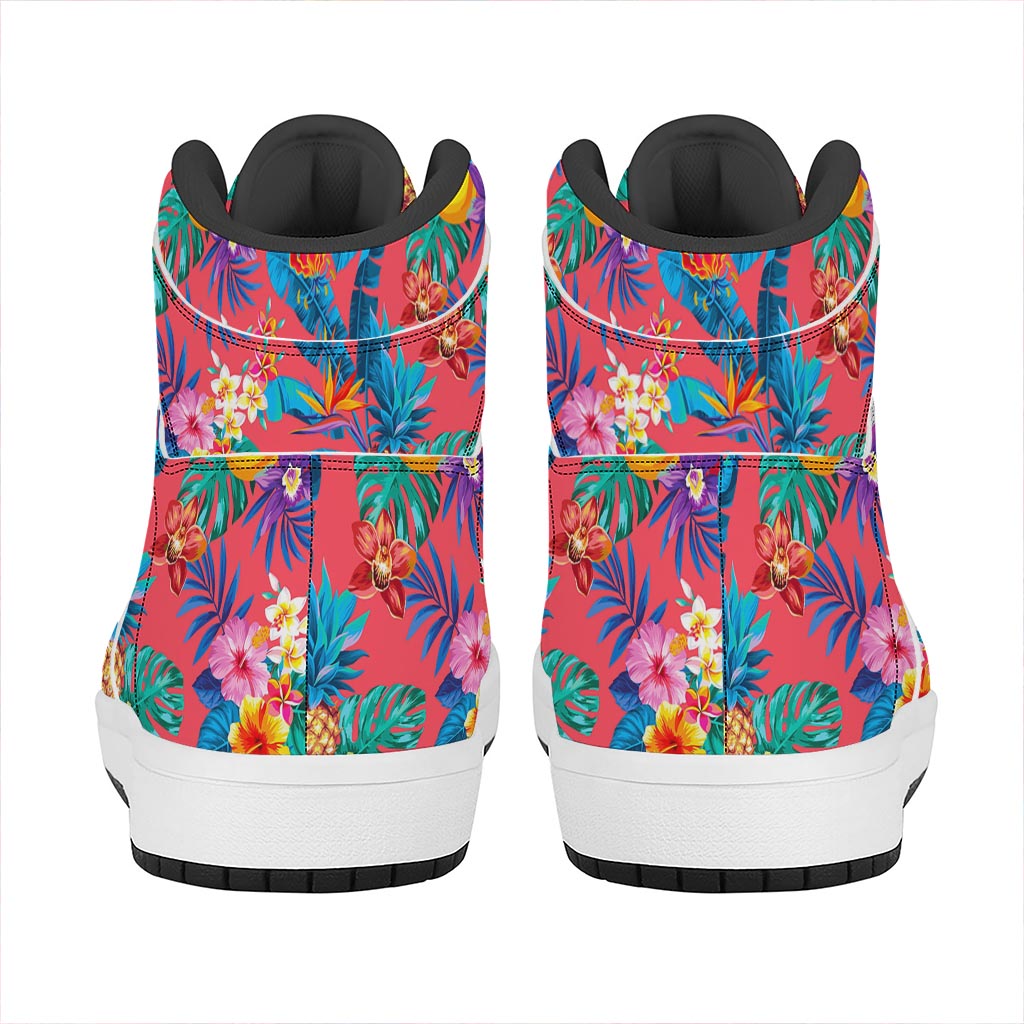 Pink Hawaiian Fruits Pattern Print High Top Leather Sneakers