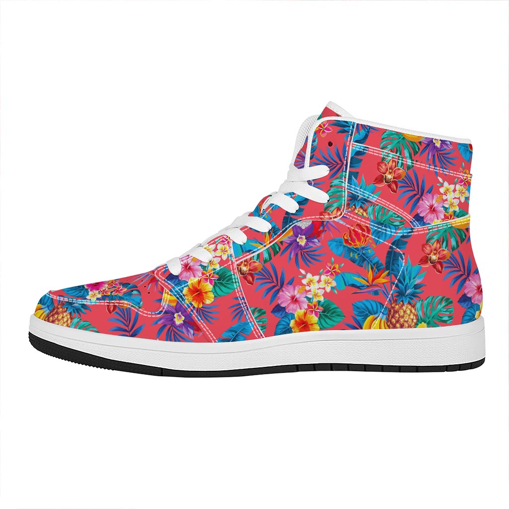 Pink Hawaiian Fruits Pattern Print High Top Leather Sneakers