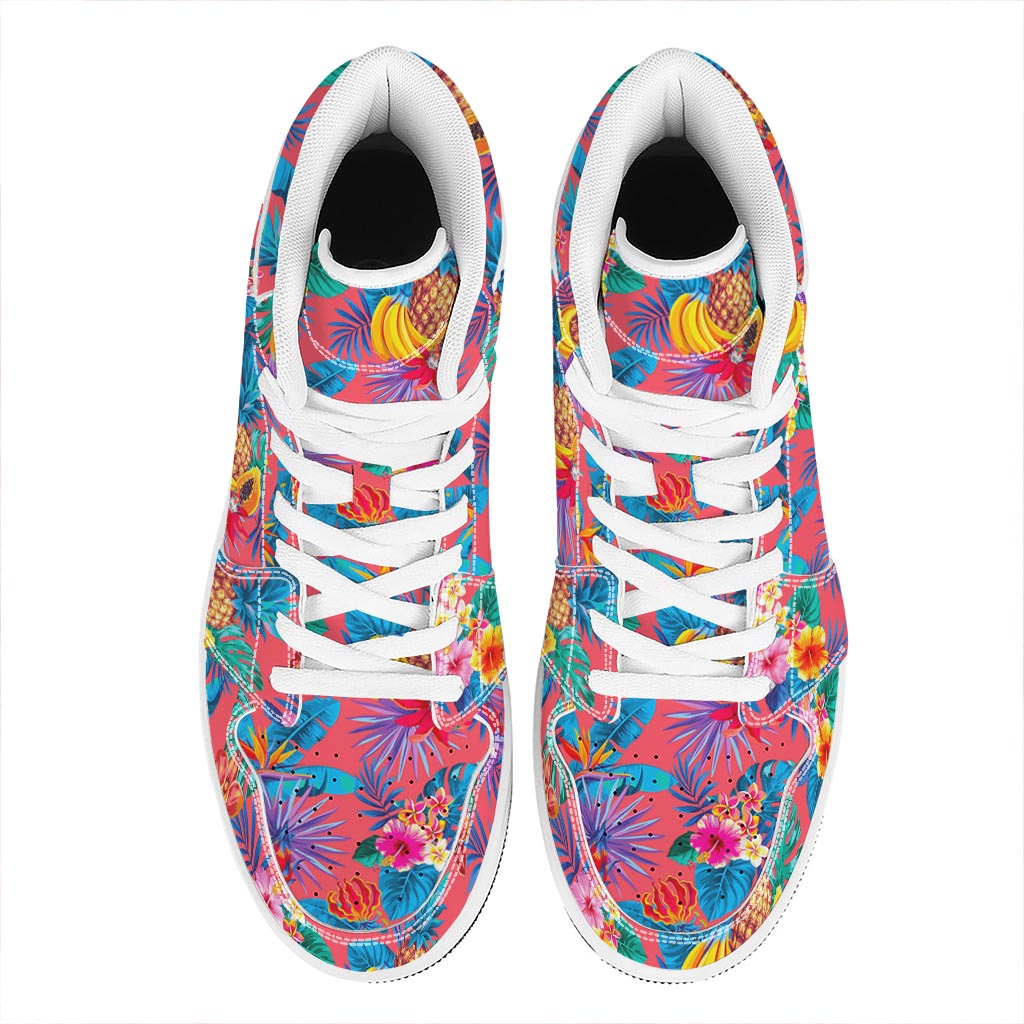 Pink Hawaiian Fruits Pattern Print High Top Leather Sneakers