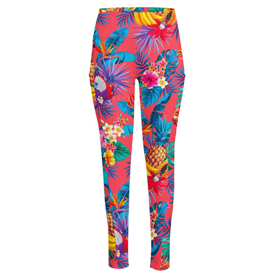 Pink Hawaiian Fruits Pattern Print High-Waisted Pocket Leggings