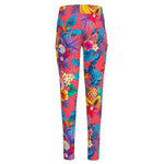 Pink Hawaiian Fruits Pattern Print High-Waisted Pocket Leggings