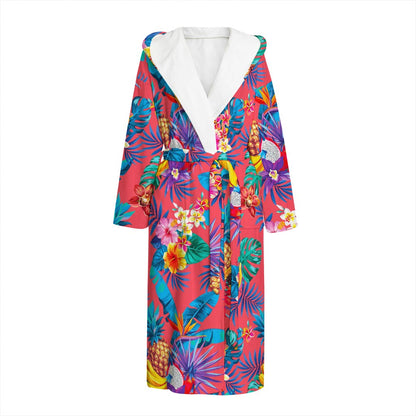 Pink Hawaiian Fruits Pattern Print Hooded Bathrobe