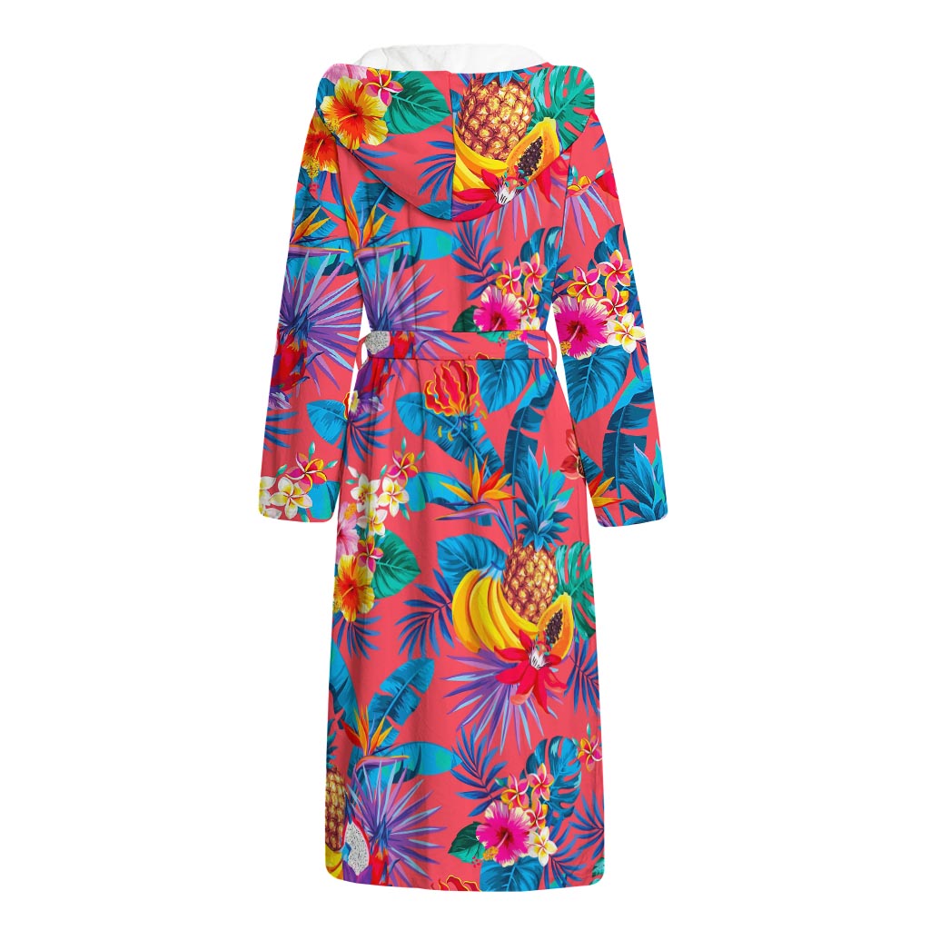 Pink Hawaiian Fruits Pattern Print Hooded Bathrobe