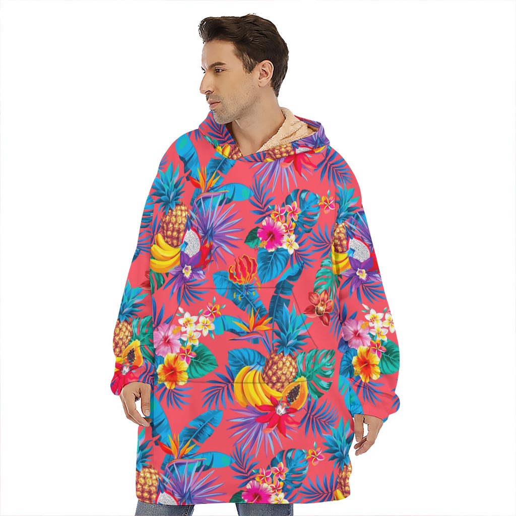 Pink Hawaiian Fruits Pattern Print Hoodie Blanket