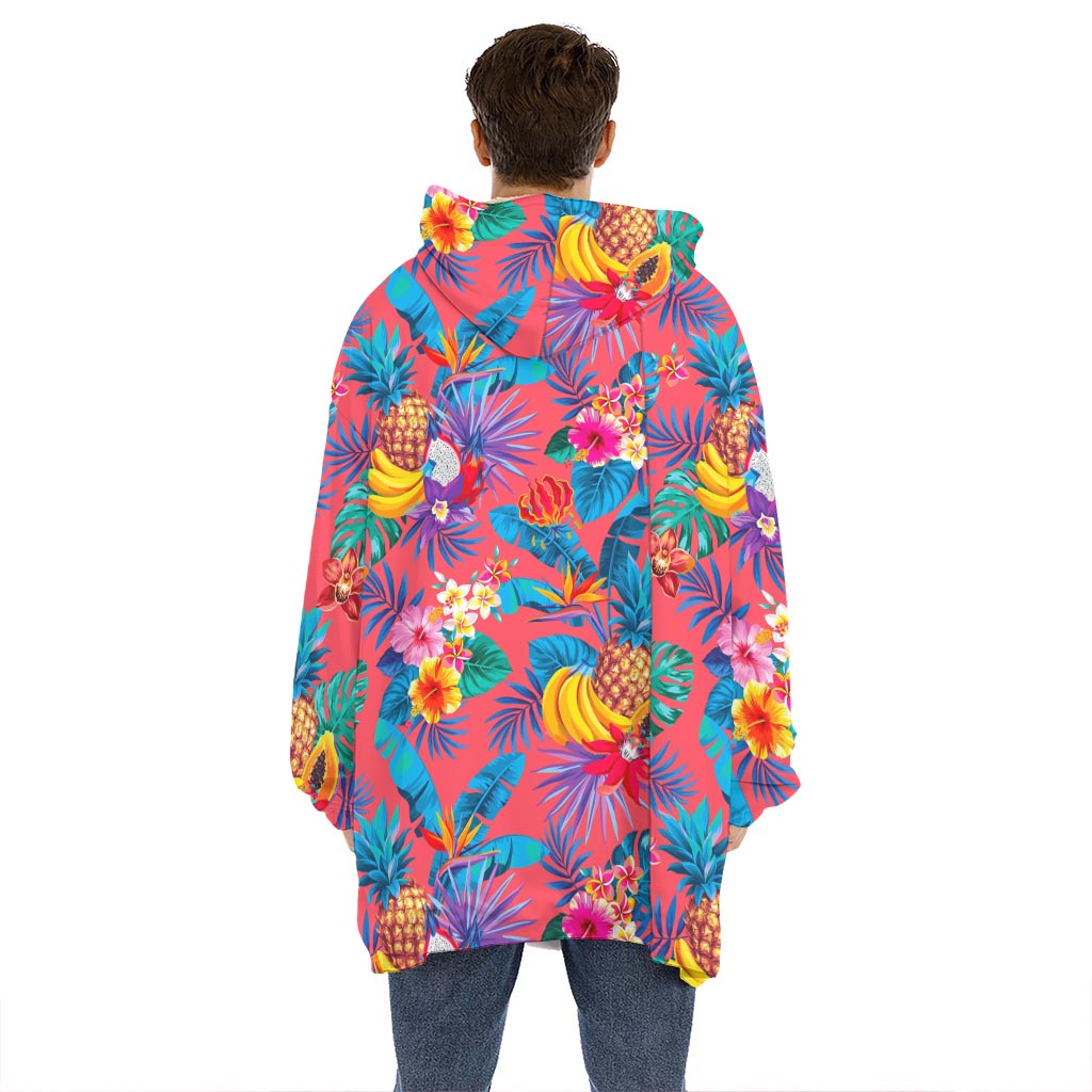 Pink Hawaiian Fruits Pattern Print Hoodie Blanket