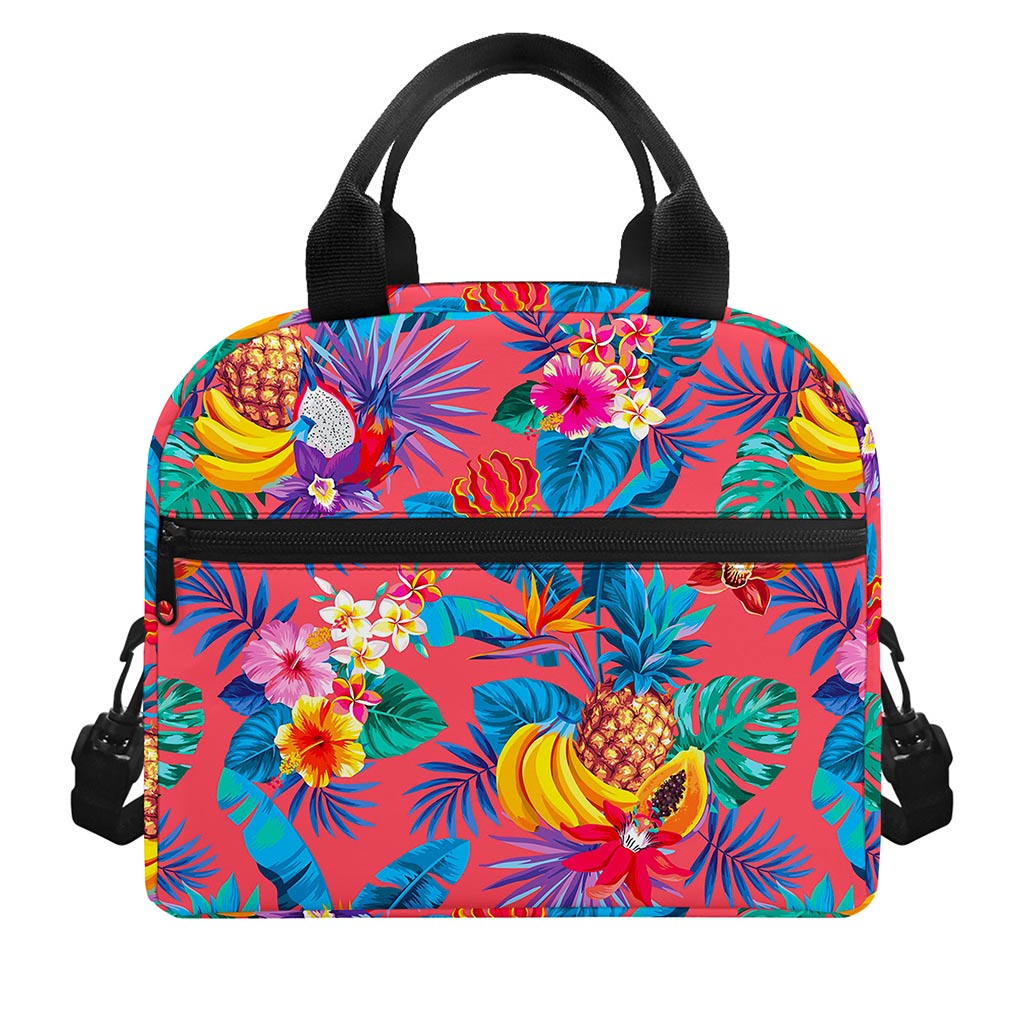Pink Hawaiian Fruits Pattern Print Insulated Lunch Bag