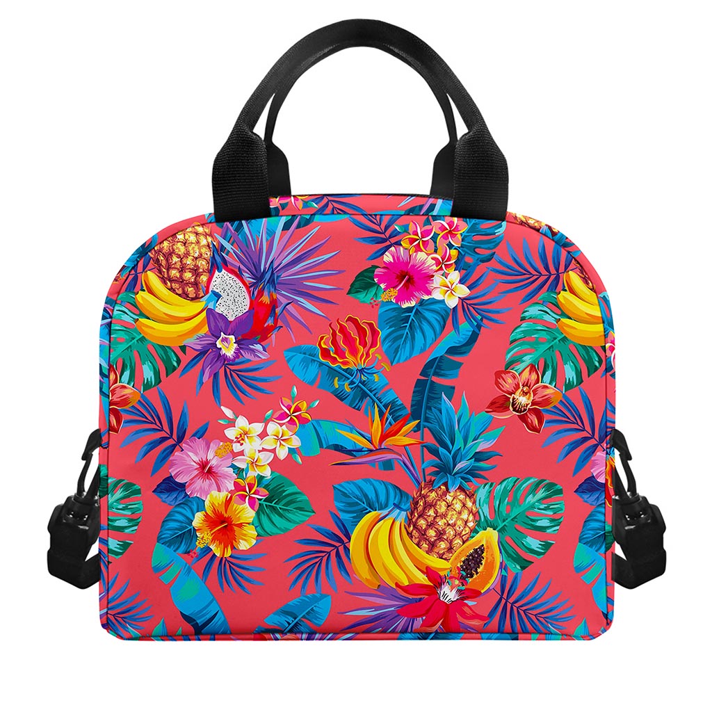 Pink Hawaiian Fruits Pattern Print Insulated Lunch Bag