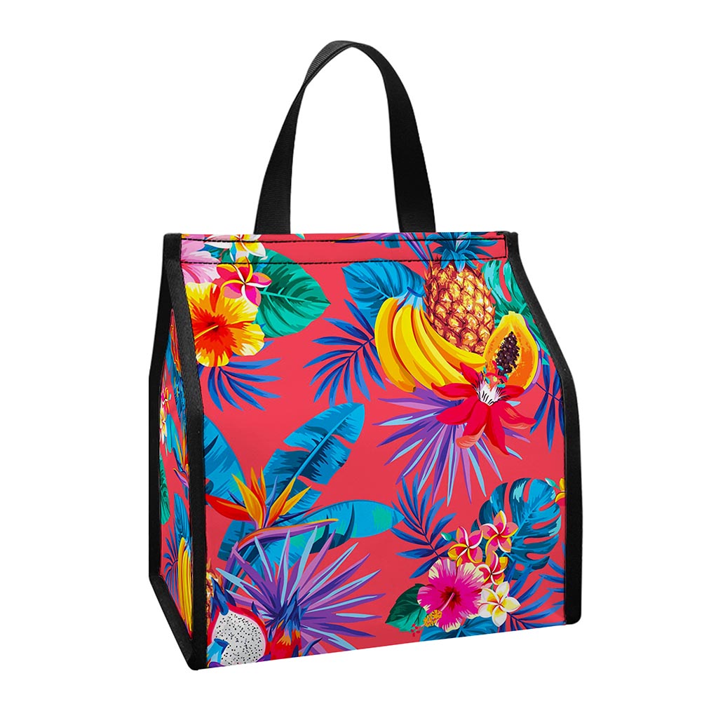 Pink Hawaiian Fruits Pattern Print Insulated Lunch Tote