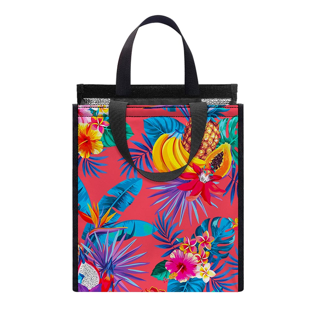 Pink Hawaiian Fruits Pattern Print Insulated Lunch Tote