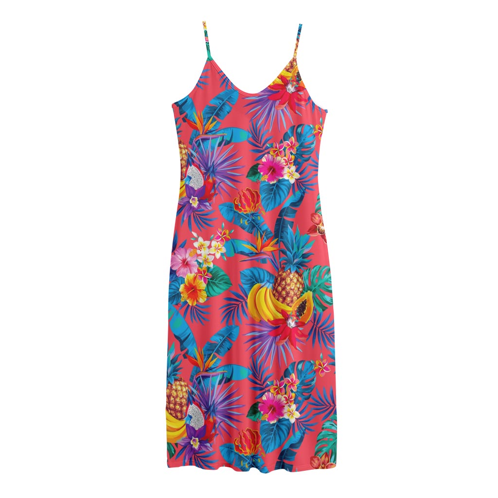 Pink Hawaiian Fruits Pattern Print Jersey Midi Cami Dress
