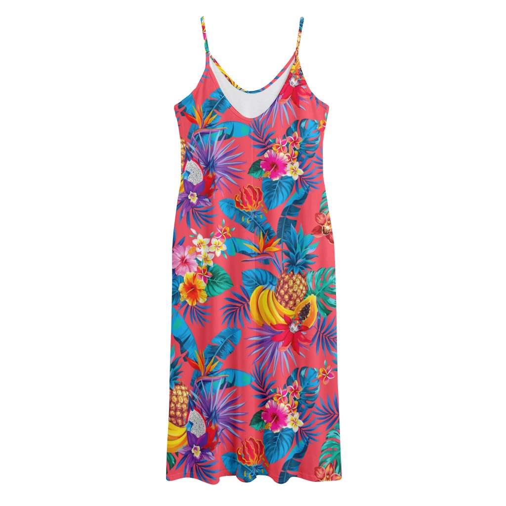 Pink Hawaiian Fruits Pattern Print Jersey Midi Cami Dress