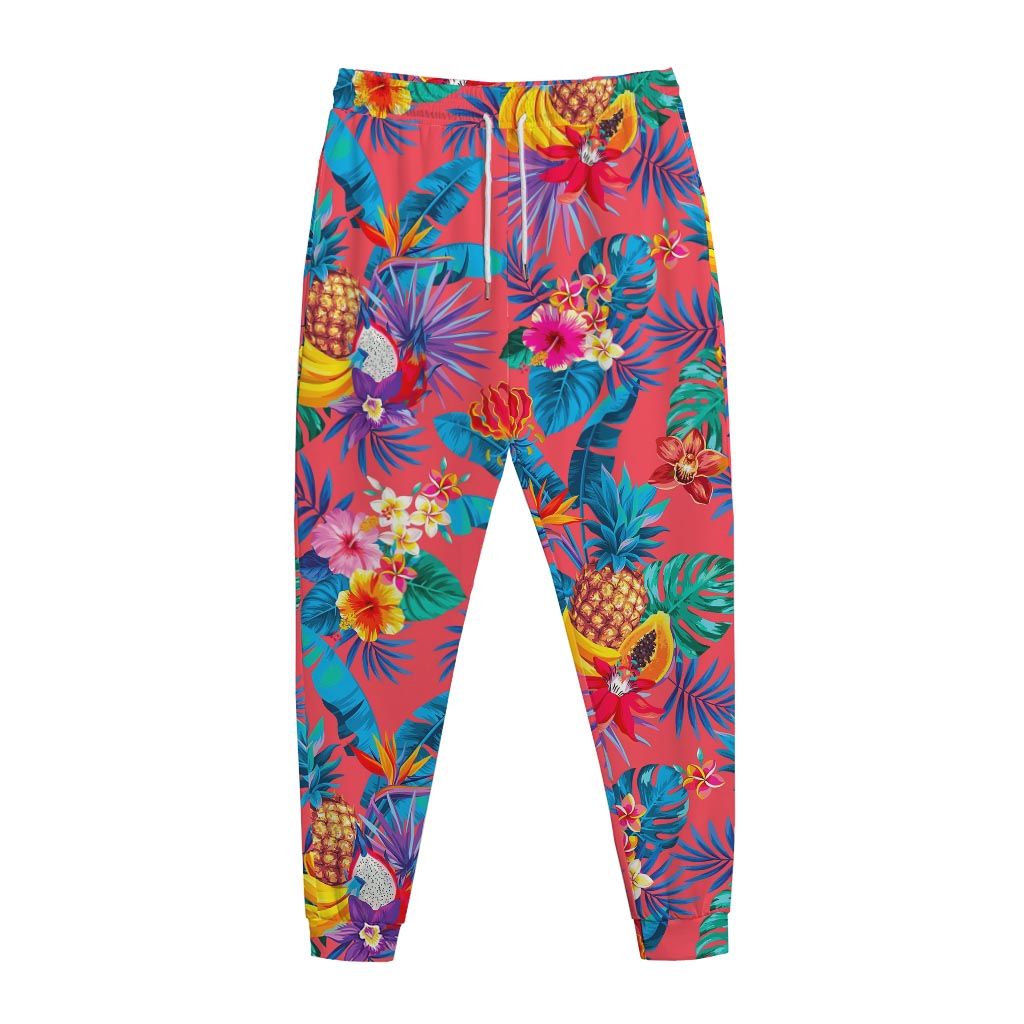Pink Hawaiian Fruits Pattern Print Jogger Pants