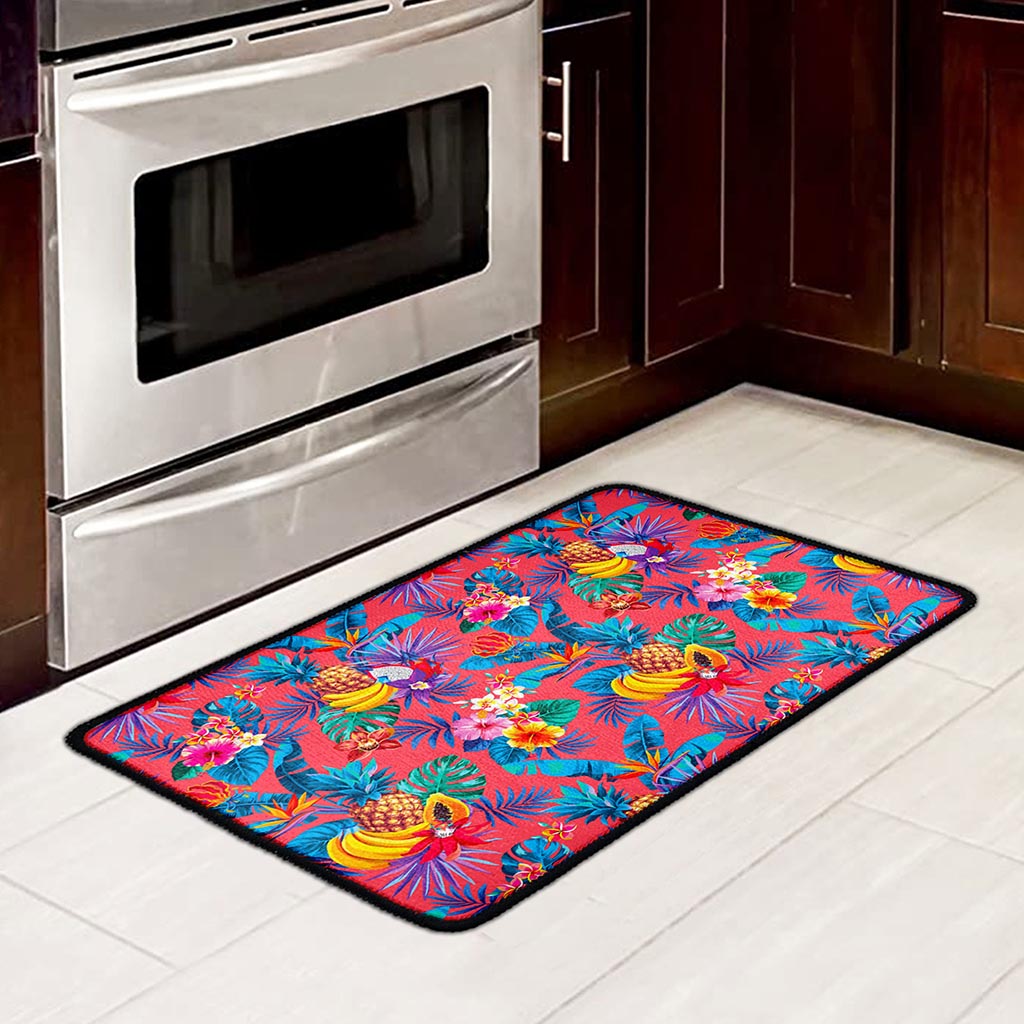 Pink Hawaiian Fruits Pattern Print Kitchen Mat