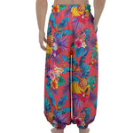 Pink Hawaiian Fruits Pattern Print Lantern Pants