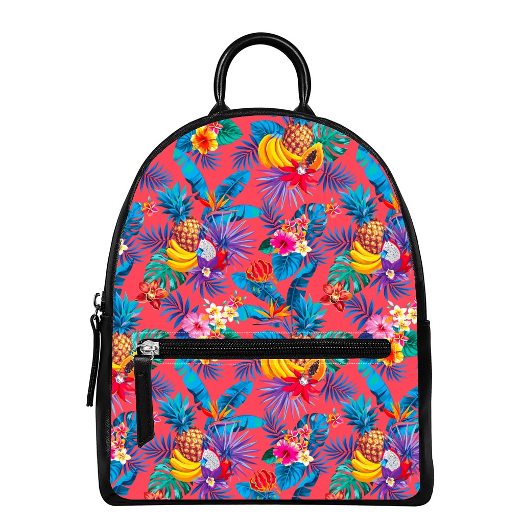 Pink Hawaiian Fruits Pattern Print Leather Backpack