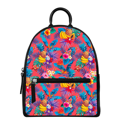 Pink Hawaiian Fruits Pattern Print Leather Backpack