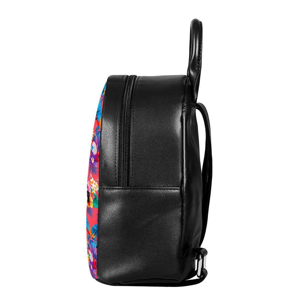 Pink Hawaiian Fruits Pattern Print Leather Backpack
