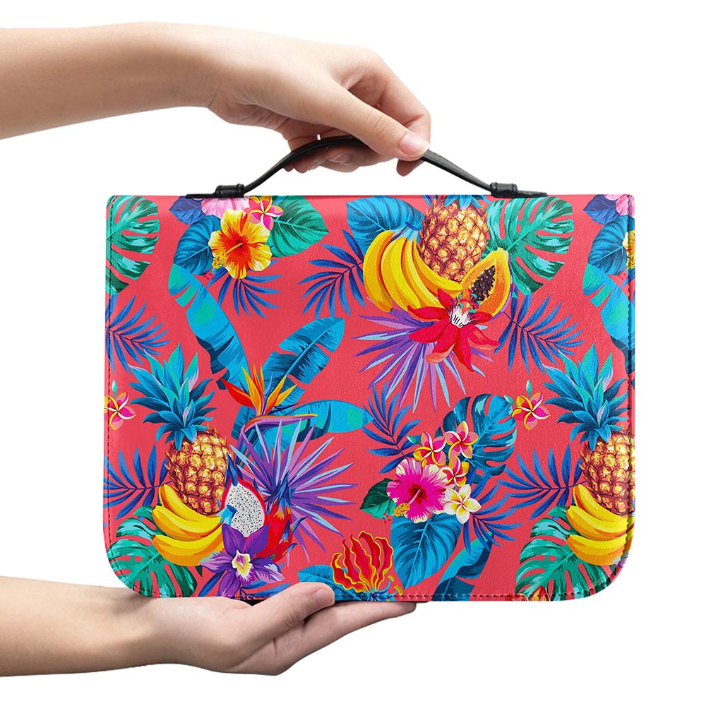 Pink Hawaiian Fruits Pattern Print Leather Bible Cover