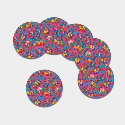 Pink Hawaiian Fruits Pattern Print Leather Coaster Set