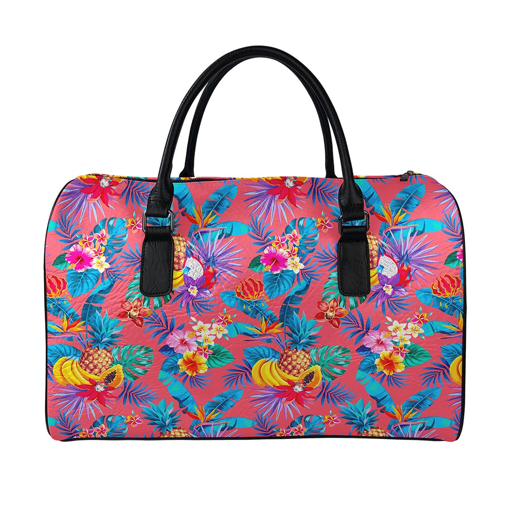 Pink Hawaiian Fruits Pattern Print Leather Duffle Bag