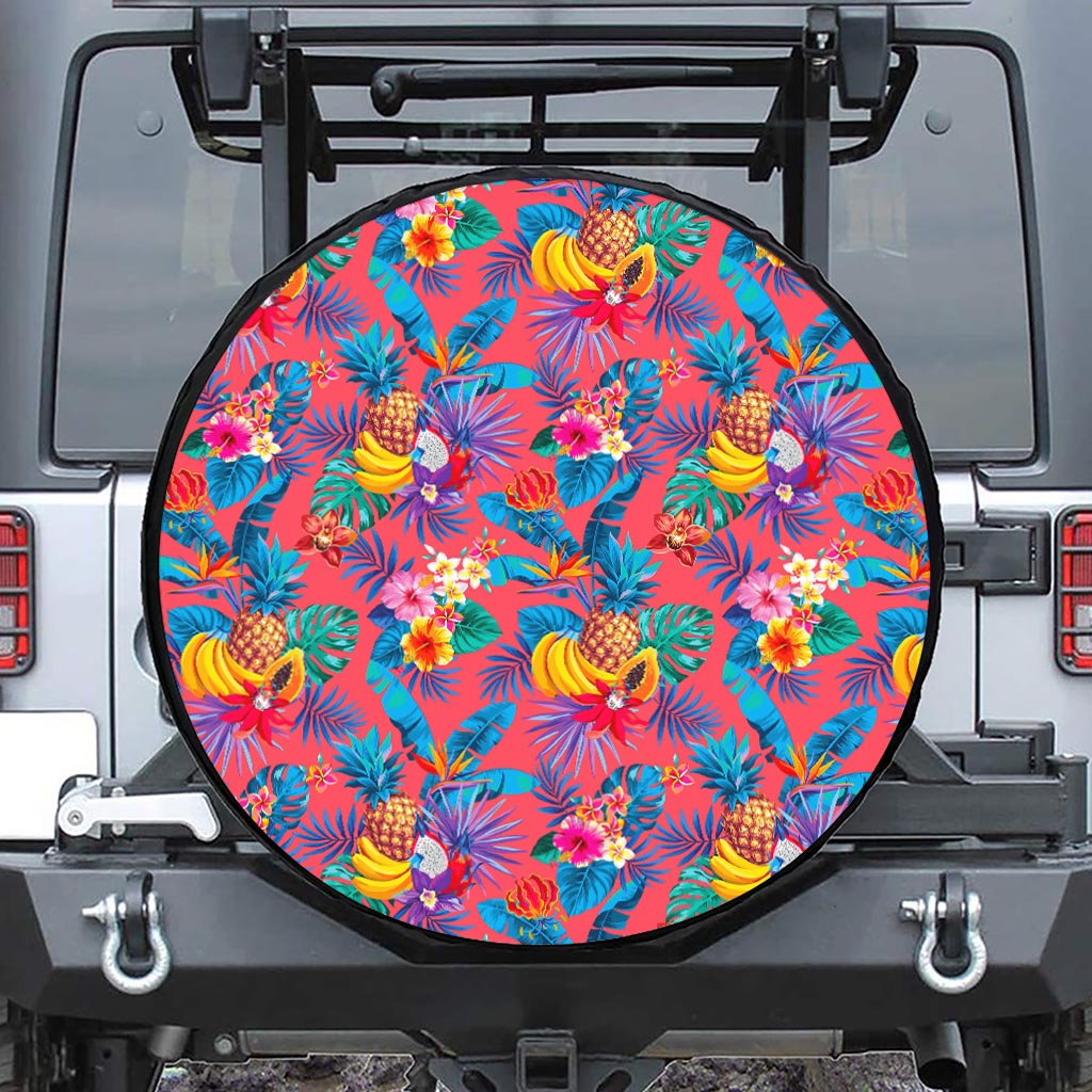 Pink Hawaiian Fruits Pattern Print Leather Spare Tire Cover