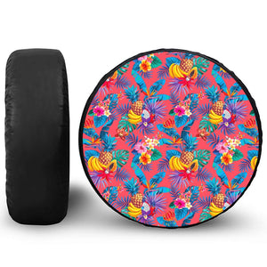 Pink Hawaiian Fruits Pattern Print Leather Spare Tire Cover