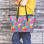 Pink Hawaiian Fruits Pattern Print Leather Tote Bag