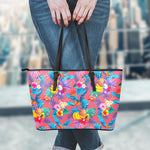 Pink Hawaiian Fruits Pattern Print Leather Tote Bag