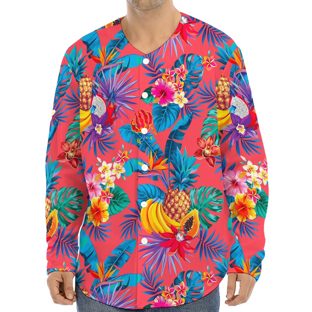Pink Hawaiian Fruits Pattern Print Long Sleeve Baseball Jersey