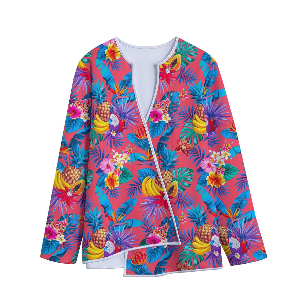 Pink Hawaiian Fruits Pattern Print Long Sleeve Short Coat